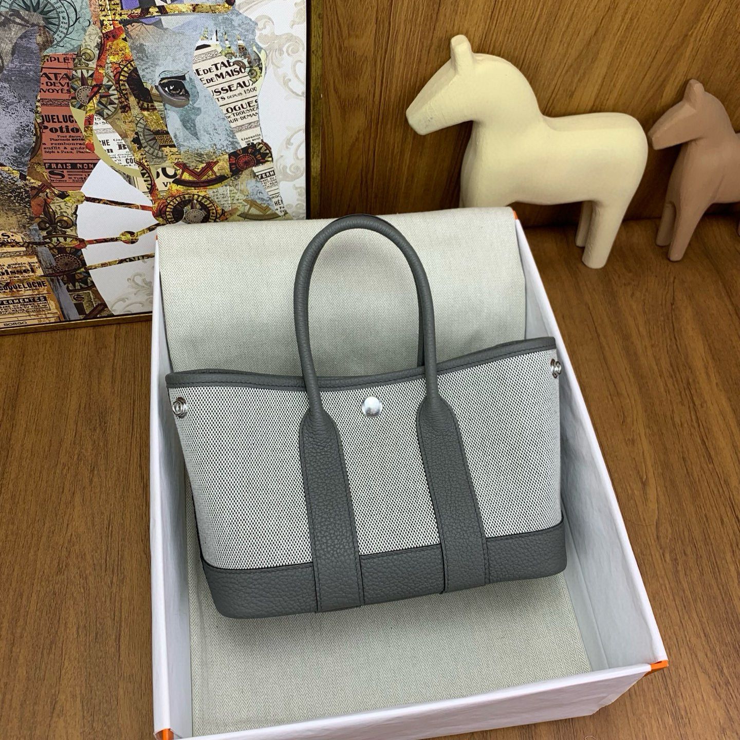 Hermes Neo Garden Party 23 Bag in Canvas and Gris Meyer Negonda Calfskin - Image 3