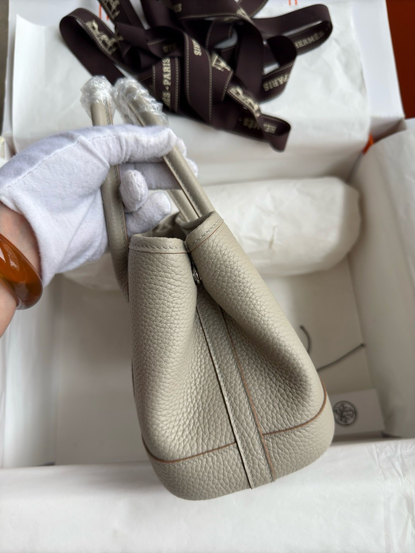 Hermes Neo Garden Party 23 Handmade Bag in Pearl Grey Clemence Leather