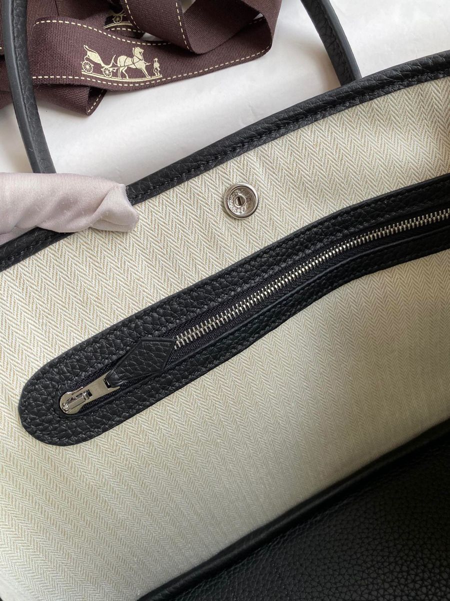 Hermes Garden Party 30 Handmade Bag in Toile and Black Leather - Image 9
