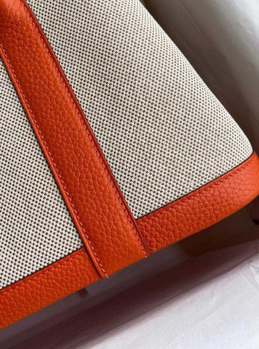 Hermes Garden Party 30 Handmade Bag in Toile and Orange Leather - Image 5