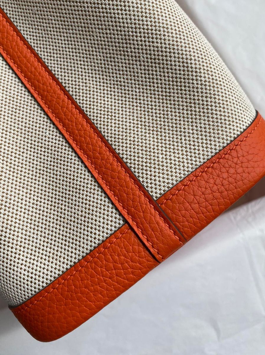 Hermes Garden Party 30 Handmade Bag in Toile and Orange Leather - Image 7