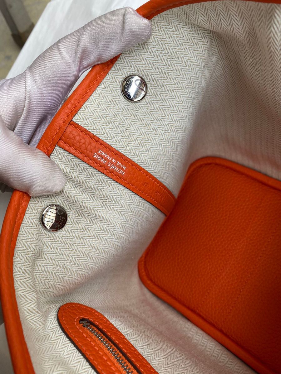 Hermes Garden Party 30 Handmade Bag in Toile and Orange Leather - Image 10
