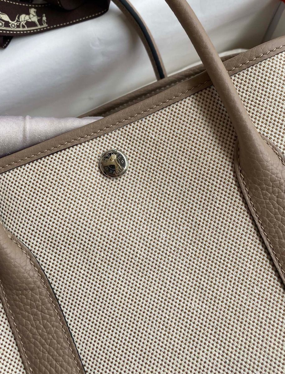 Hermes Garden Party 30 Handmade Bag in Toile and Tourterelle Leather - Image 4