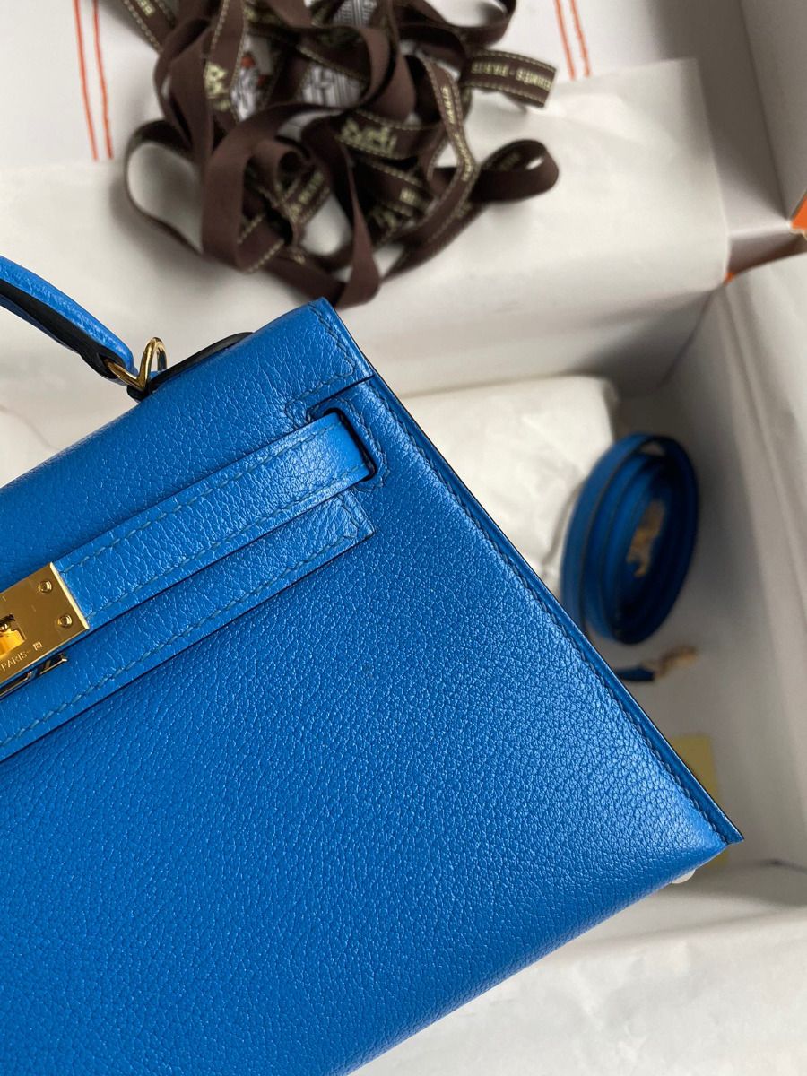 Hermes Kelly Mini II Sellier Handmade Bag In Blue Hydra Chevre Mysore Leather - Image 5