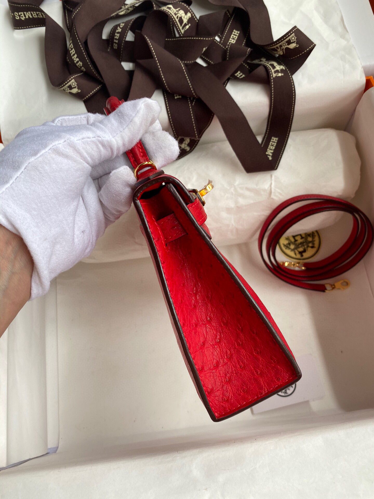 Hermes Kelly Mini II Sellier Handmade Bag In Red Ostrich Leather - Image 5