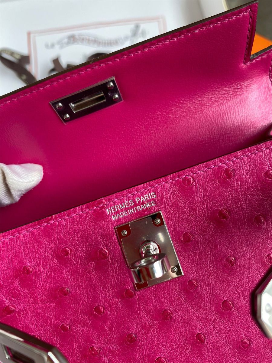 Hermes Kelly Mini II Sellier Handmade Bag In Rose Red Ostrich Leather - Image 9