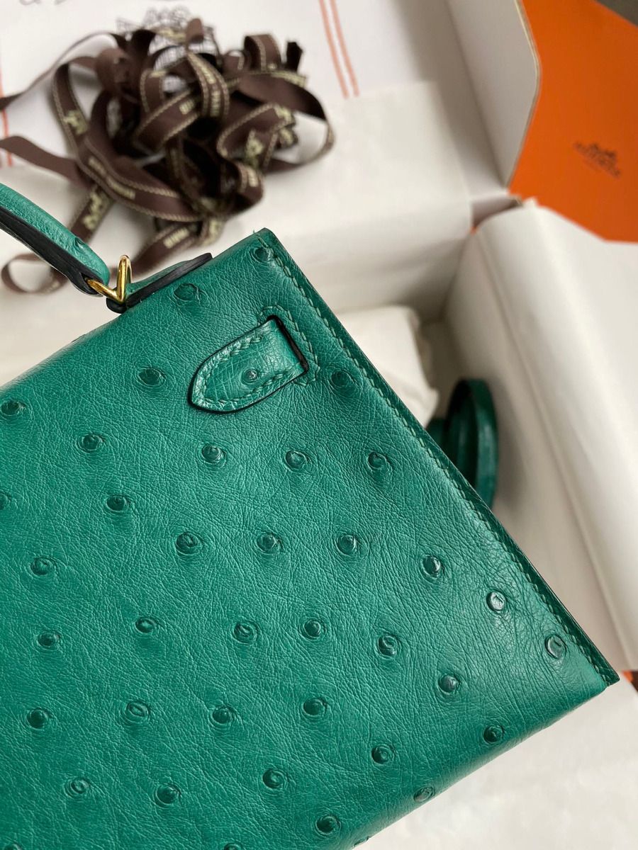 Hermes Kelly Mini II Sellier Handmade Bag In Vert Vertigo Ostrich Leather - Image 10
