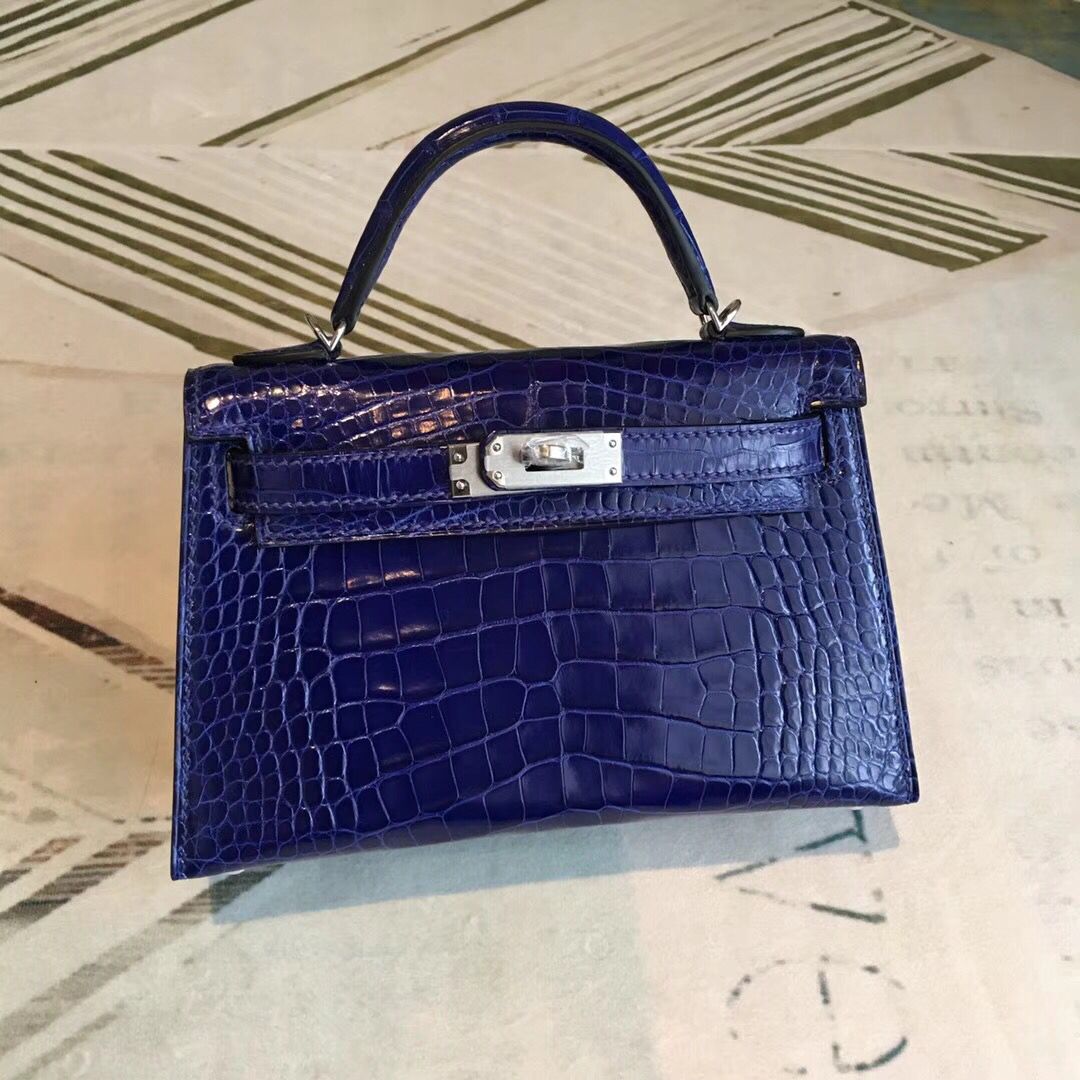 Hermes Kelly Mini II Handmade Bag In Blue Alligator Crocodile - Image 5