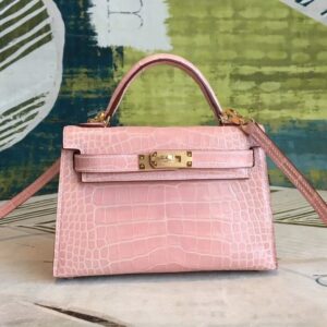 Hermes Kelly Mini II Handmade Bag In Nude Alligator Crocodile