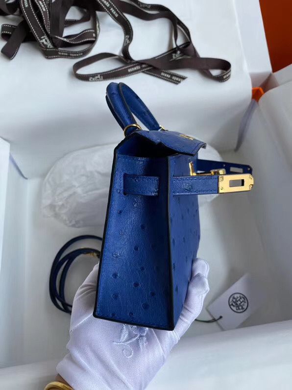 Hermes Kelly Mini II Handmade Bag In Blue Electric Ostrich Leather - Image 4