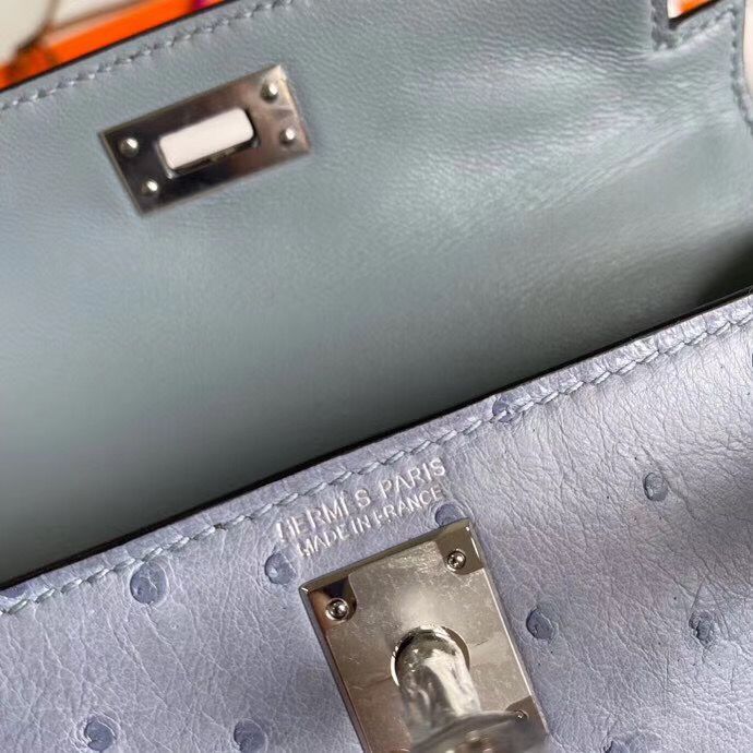 Hermes Kelly Mini II Handmade Bag In Blue Lin Ostrich Leather - Image 8