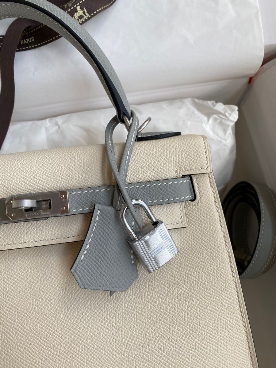 Hermes Kelly Sellier 25 Bicolor Bag in Craie and Gris Mouette Epsom Calfskin - Image 4