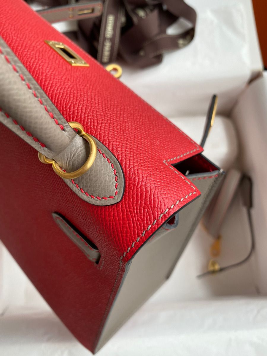 Hermes Kelly Sellier 25 Bicolor Bag in Red and Etain Epsom Calfskin - Image 7