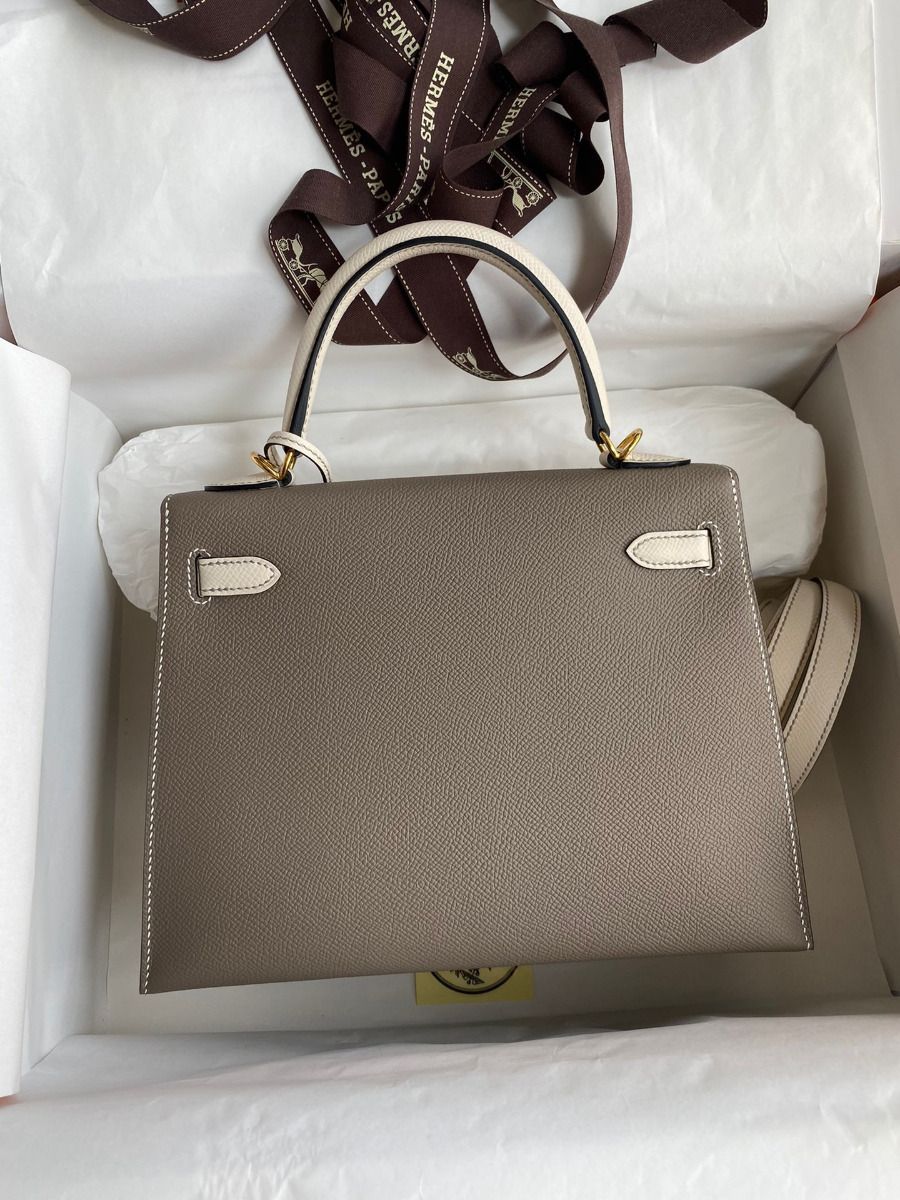Hermes Kelly Sellier 25 Bicolor Bag in Taupe and Craie Epsom Calfskin - Image 3
