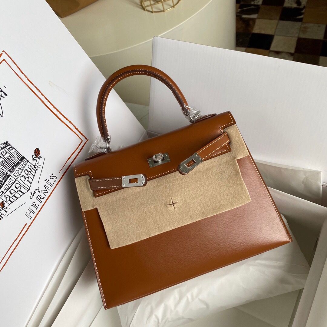 Hermes Kelly Sellier 25 Handmade Bag in Caramel Box Calfskin - Image 4