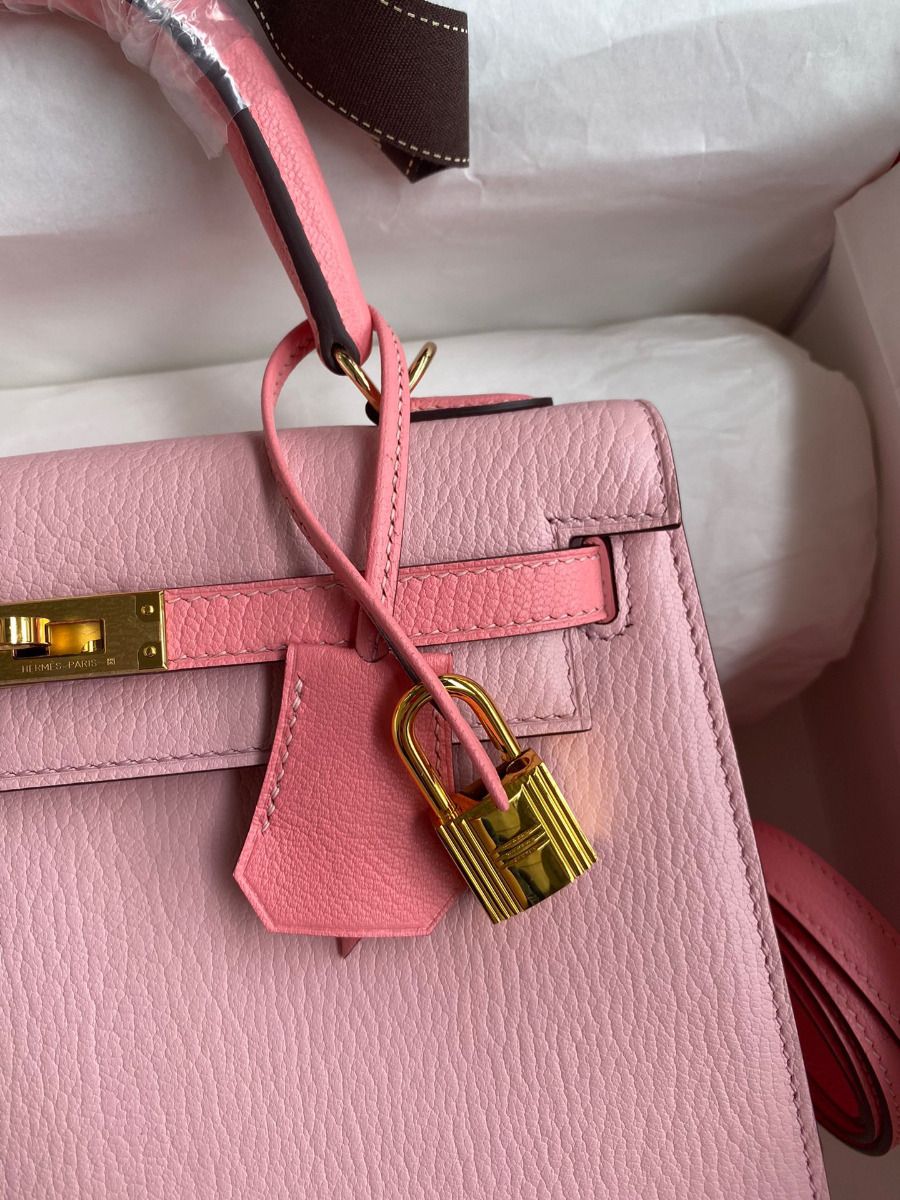 Hermes Kelly Sellier 25 Bicolor Bag in Rose Confetti and Lipstick Mysore Goatskin - Image 4