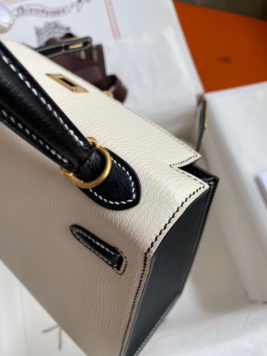 Hermes Kelly Sellier 25 Bicolor Bag in White and Black Mysore Goatskin - Image 7
