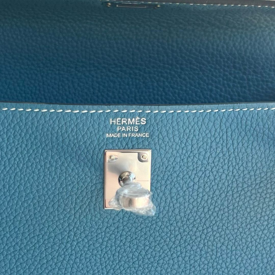 Hermes Kelly Retourne 25 Handmade Bag Blue Jean Clemence Leather - Image 4