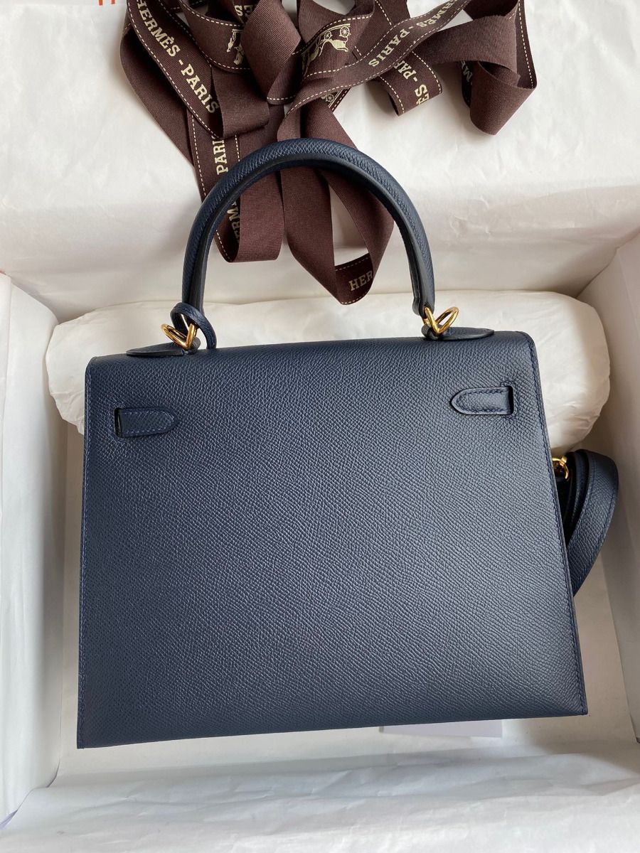 Hermes Kelly Sellier 25 Handmade Bag In Blue Indigo Epsom Calfskin - Image 3