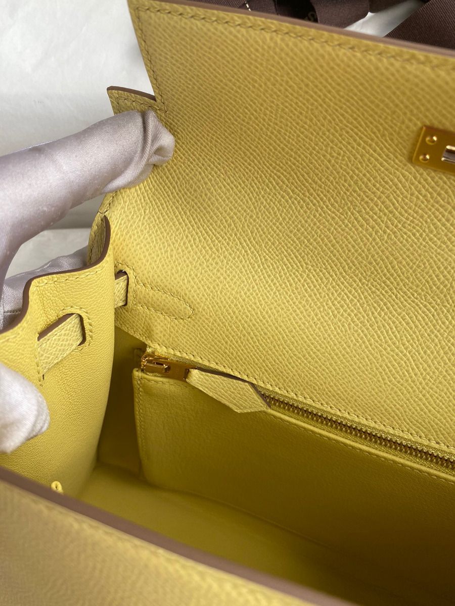 Hermes Kelly Sellier 25 Handmade Bag In Jaune Poussin Epsom Calfskin - Image 10