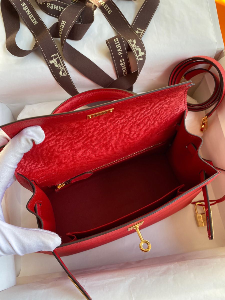 Hermes Kelly Sellier 25 Handmade Bag In Red Epsom Calfskin - Image 9