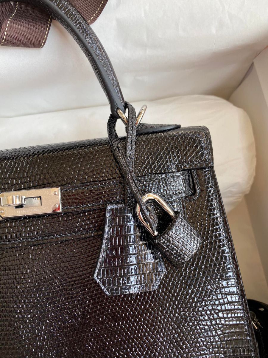 Hermes Kelly Sellier 25 Handmade Bag In Black Lizard Leather - Image 4