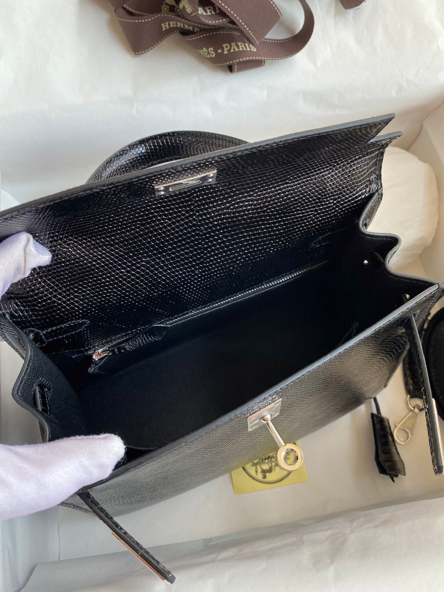 Hermes Kelly Sellier 25 Handmade Bag In Black Lizard Leather - Image 9