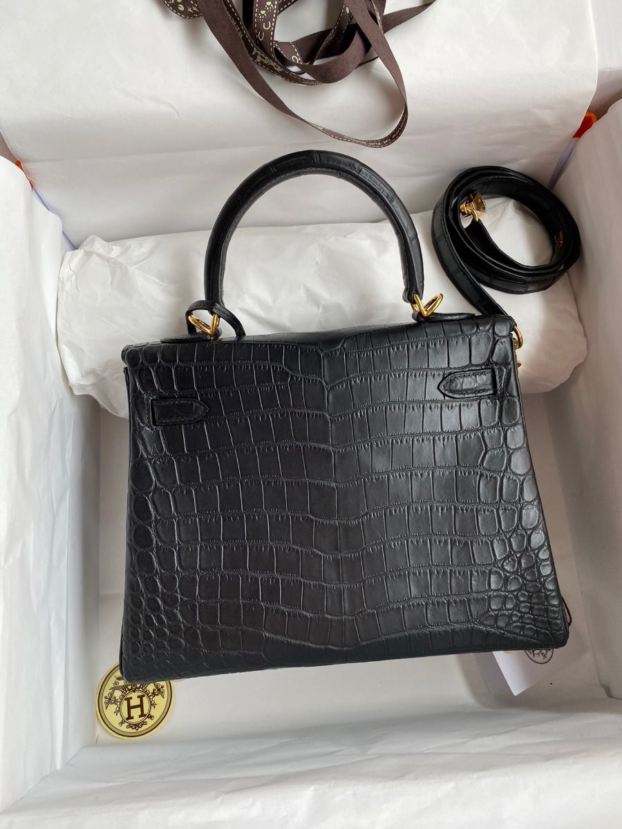 Hermes Kelly Retourne 25 Handmade Bag In Black Crocodile Niloticus Matte Skin - Image 3
