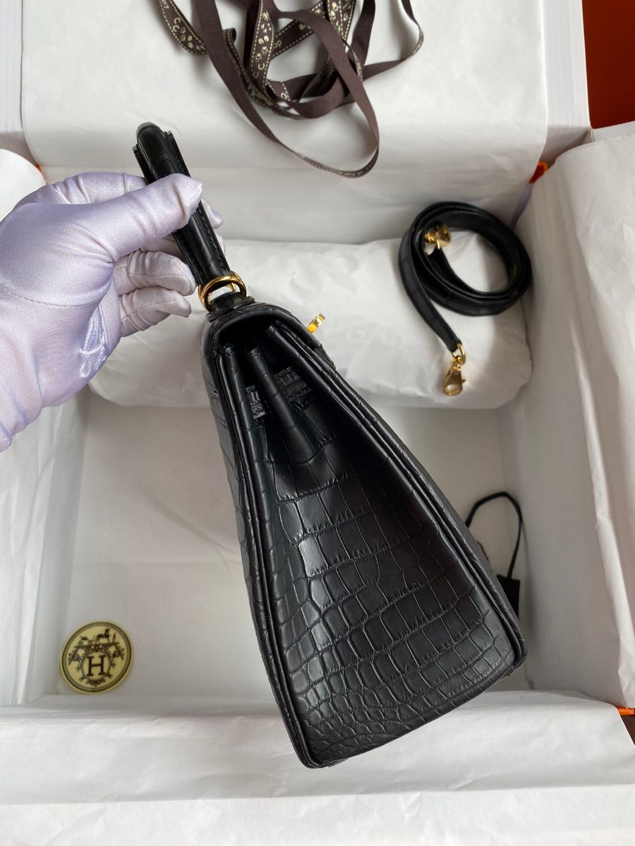 Hermes Kelly Retourne 25 Handmade Bag In Black Crocodile Niloticus Matte Skin - Image 6
