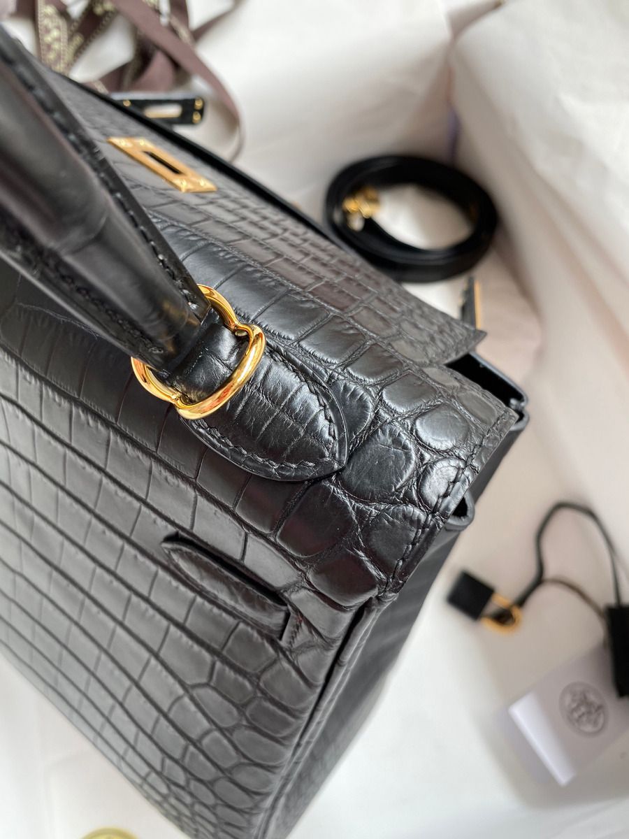 Hermes Kelly Retourne 25 Handmade Bag In Black Crocodile Niloticus Matte Skin - Image 10