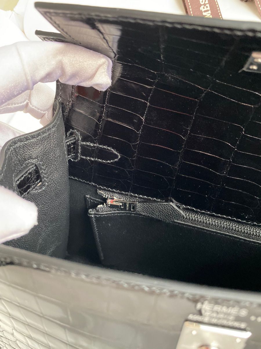 Hermes Kelly Sellier 25 Diamond Bag In Black Crocodile Niloticus Shiny Skin - Image 10