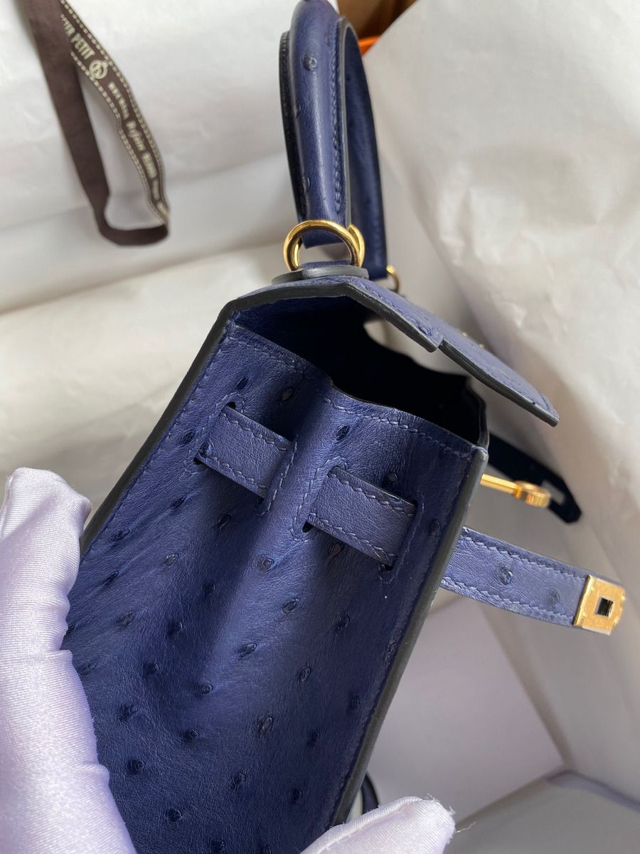 Hermes Kelly Sellier 25 Handmade Bag In Blue Iris Ostrich Leather - Image 7
