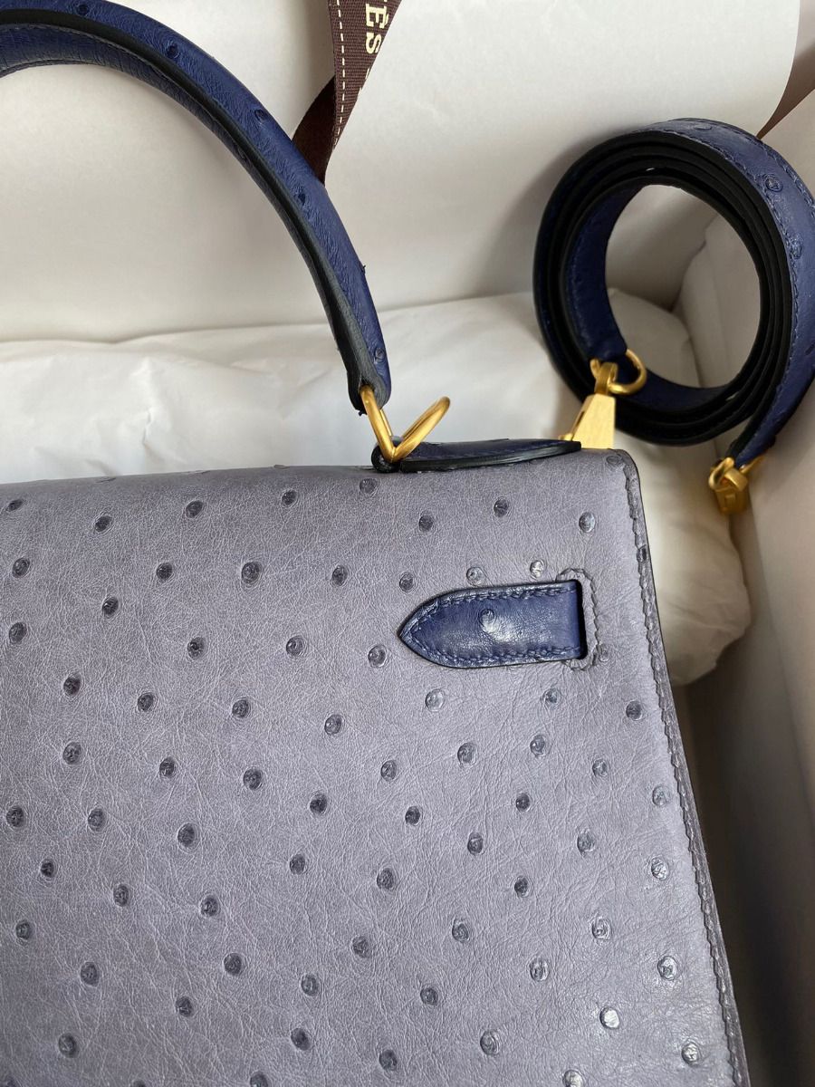 Hermes Kelly Sellier 25 Bicolor Bag in Gris Agate and Blue Ostrich Leather - Image 5
