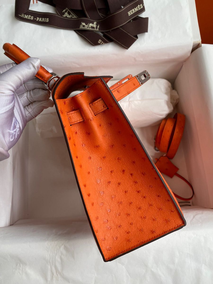 Hermes Kelly Sellier 25 Handmade Bag In Orange Ostrich Leather - Image 5