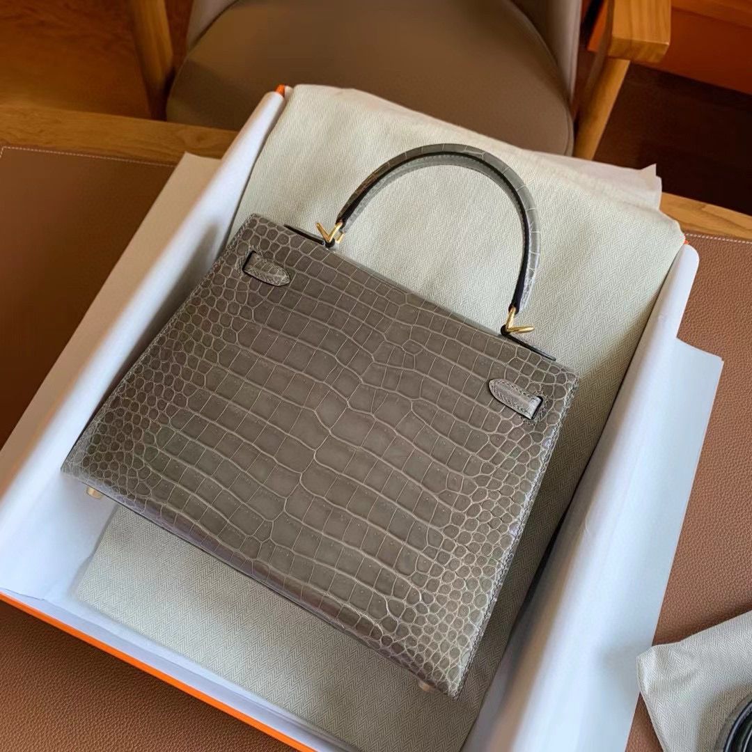 Hermes Kelly 25 Handmade Bag in Tourterelle Porosus Crocodile Shiny Skin - Image 4