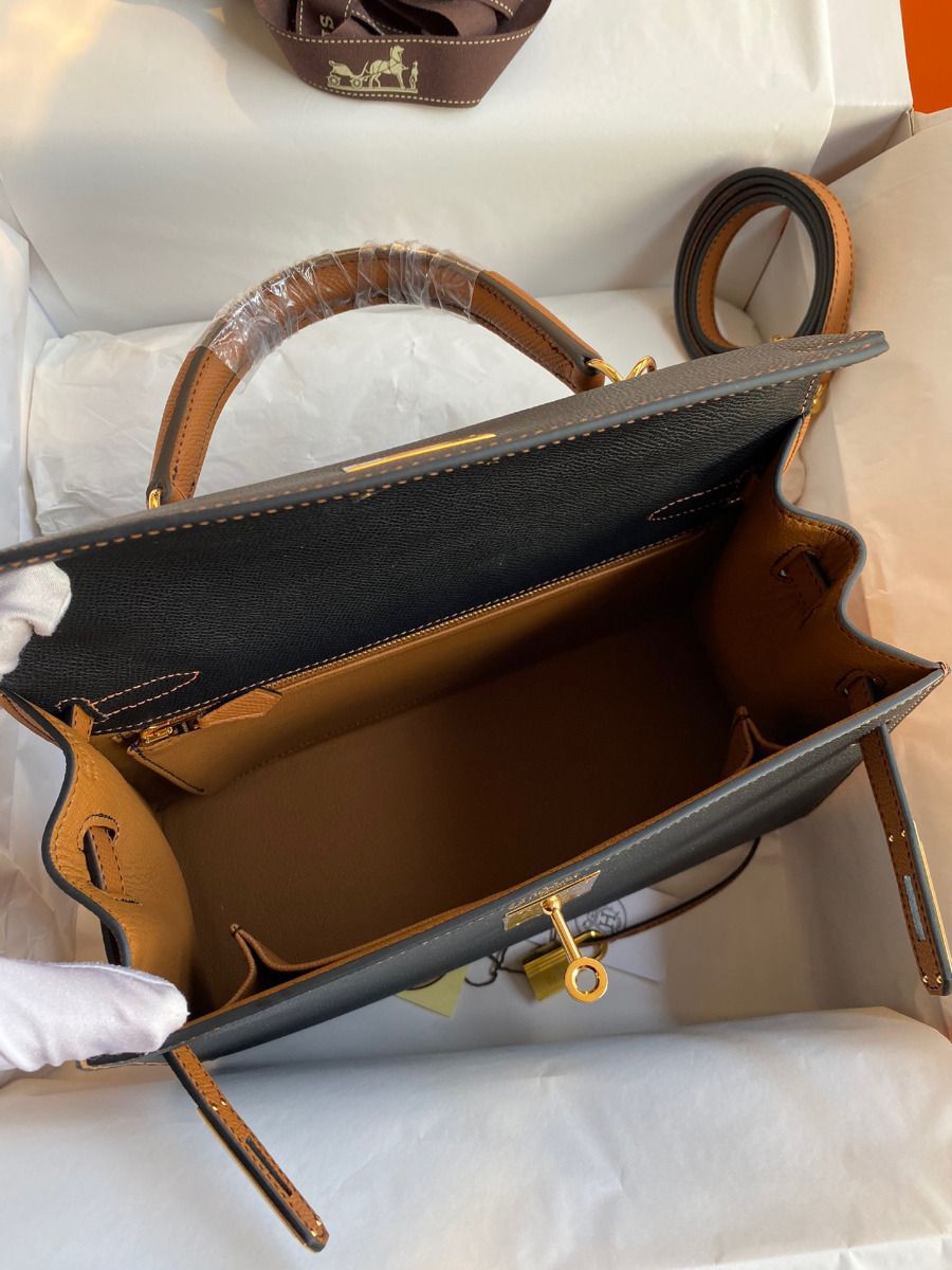 Hermes Kelly Sellier 28 Bicolor Bag in Black and Gold Epsom Calfskin - Image 9