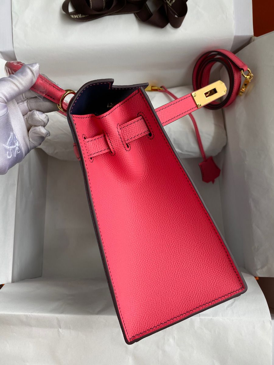 Hermes Kelly Sellier 28 Bicolor Bag in Blue Saphir and Rose Lipstick Epsom Calfskin - Image 6