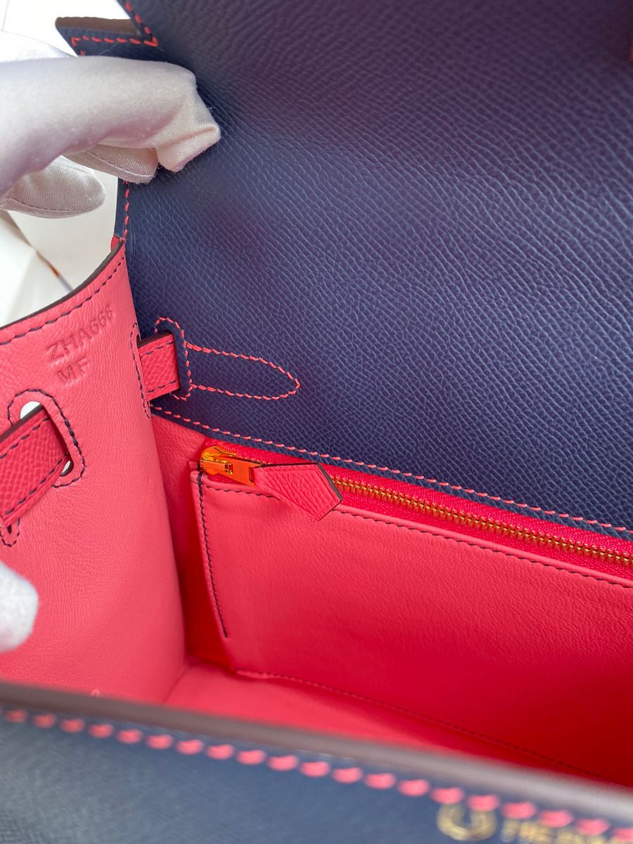 Hermes Kelly Sellier 28 Bicolor Bag in Blue Saphir and Rose Lipstick Epsom Calfskin - Image 10