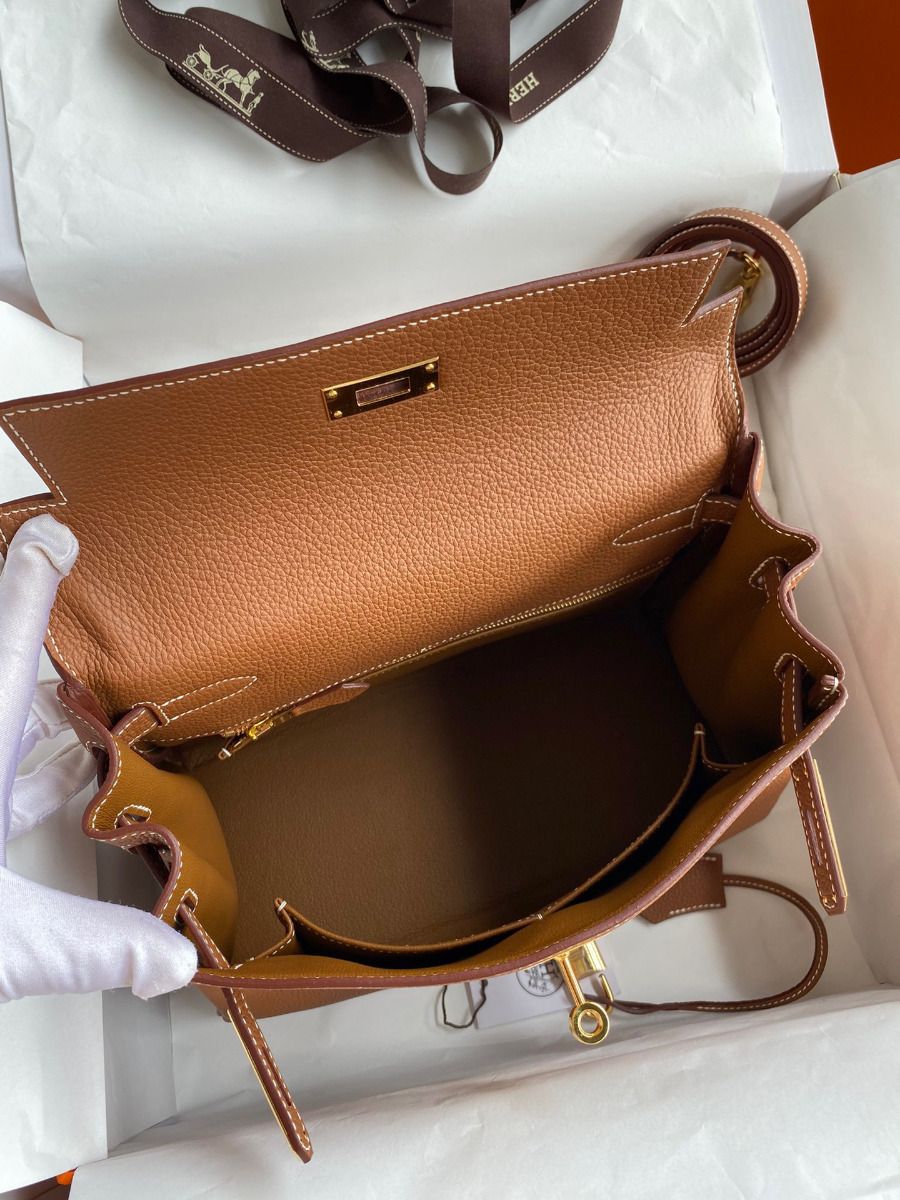 Hermes Kelly Retourne 28 Handmade Bag In Gold Clemence Leather - Image 9