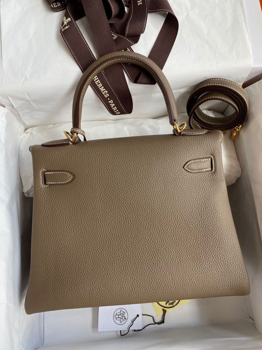 Hermes Kelly Retourne 28 Handmade Bag In Taupe Clemence Leather - Image 3