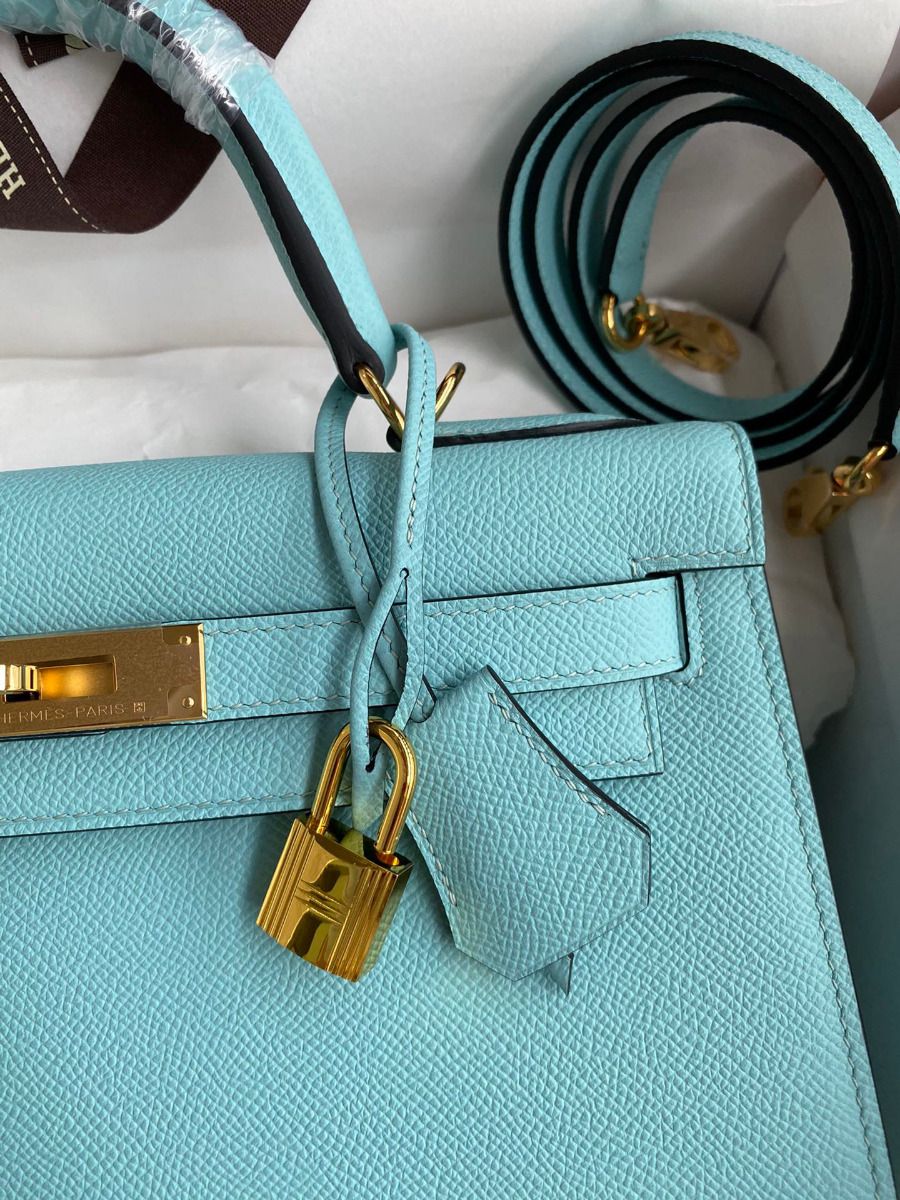 Hermes Kelly Sellier 28 Handmade Bag In Blue Atoll Epsom Calfskin - Image 4
