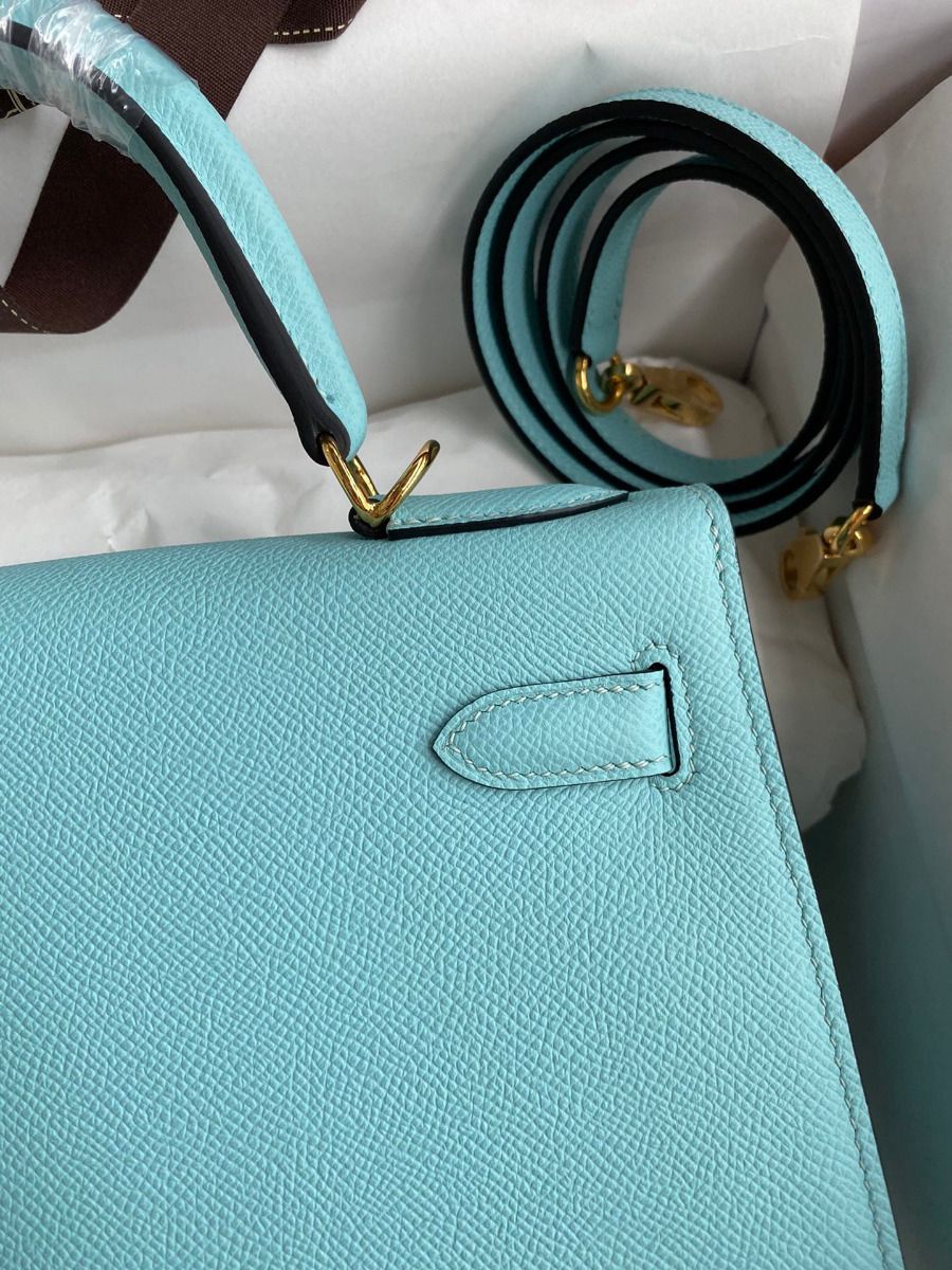 Hermes Kelly Sellier 28 Handmade Bag In Blue Atoll Epsom Calfskin - Image 5