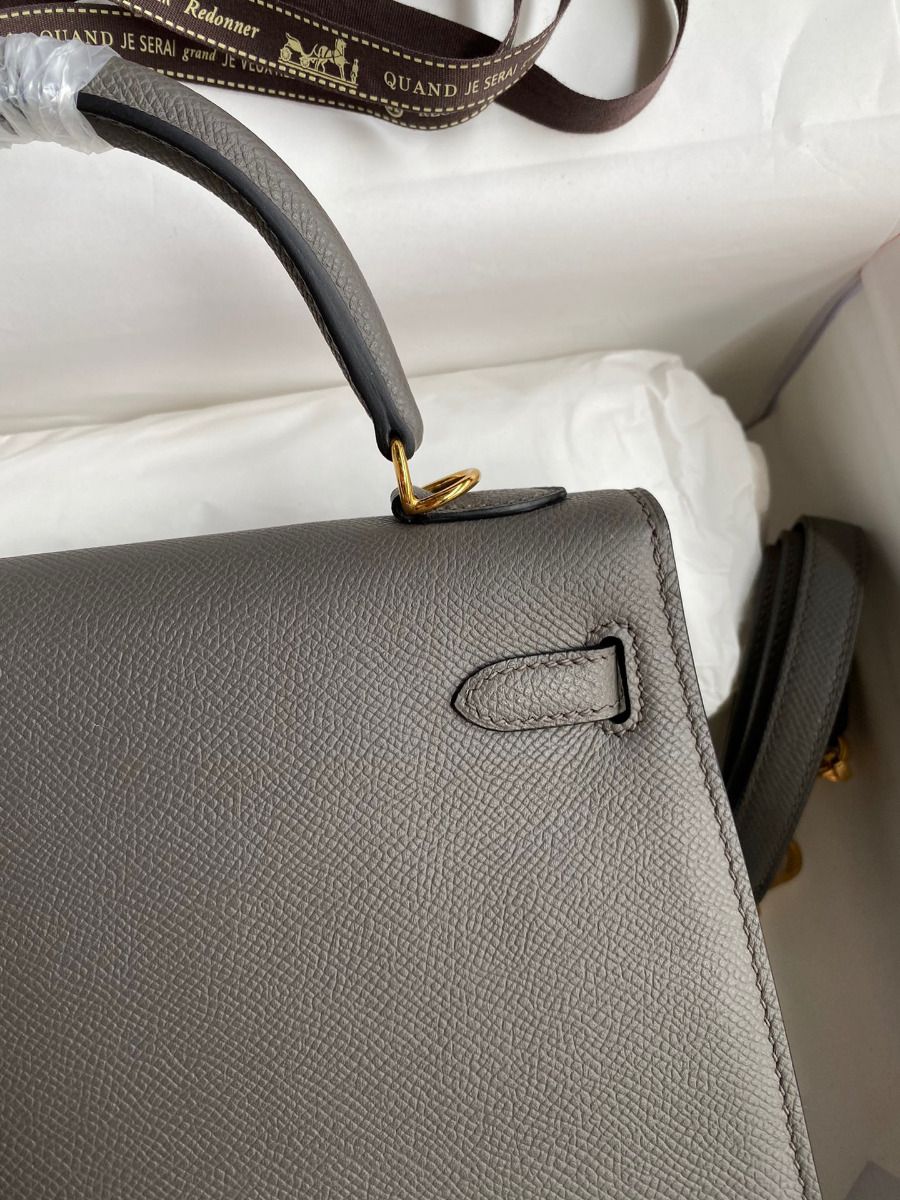 Hermes Kelly Sellier 28 Handmade Bag In Etain Epsom Calfskin - Image 5