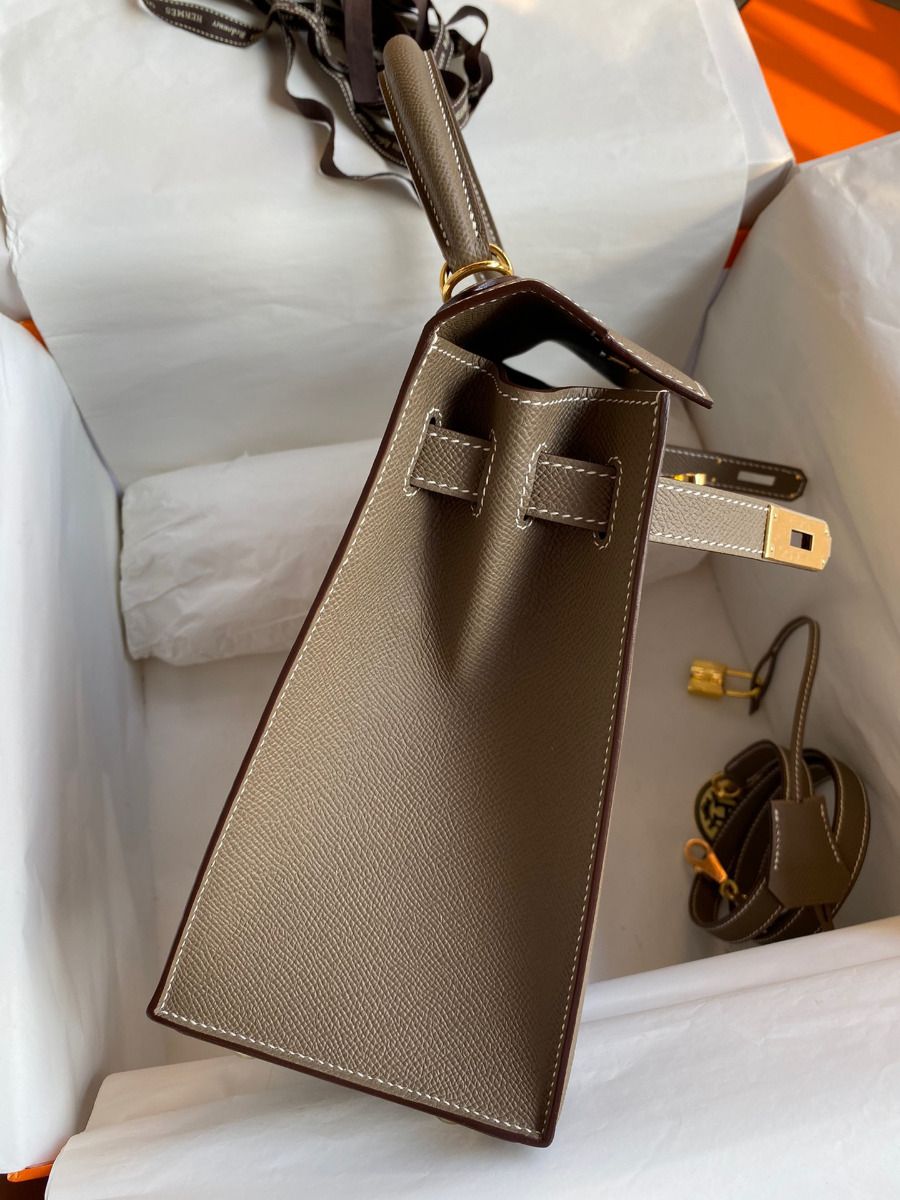 Hermes Kelly Sellier 28 Handmade Bag In Taupe Epsom Calfskin - Image 6
