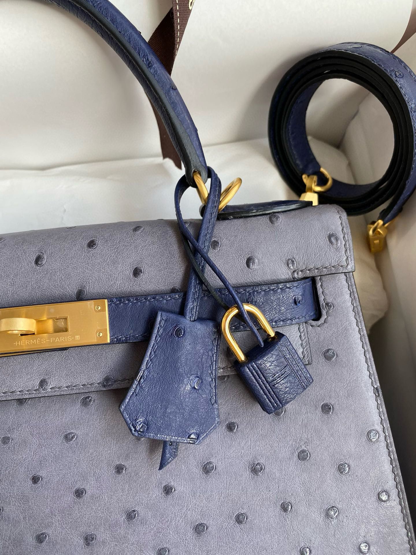Hermes HSS Kelly 28 Bicolor Bag in Gris Agate and Blue Iris Ostrich Leather - Image 4