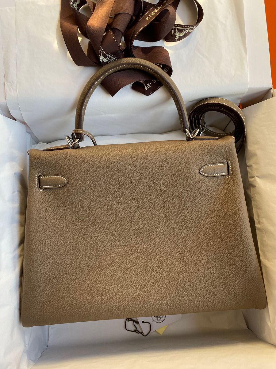 Hermes Kelly Retourne 32 Handmade Bag In Taupe Clemence Leather - Image 3