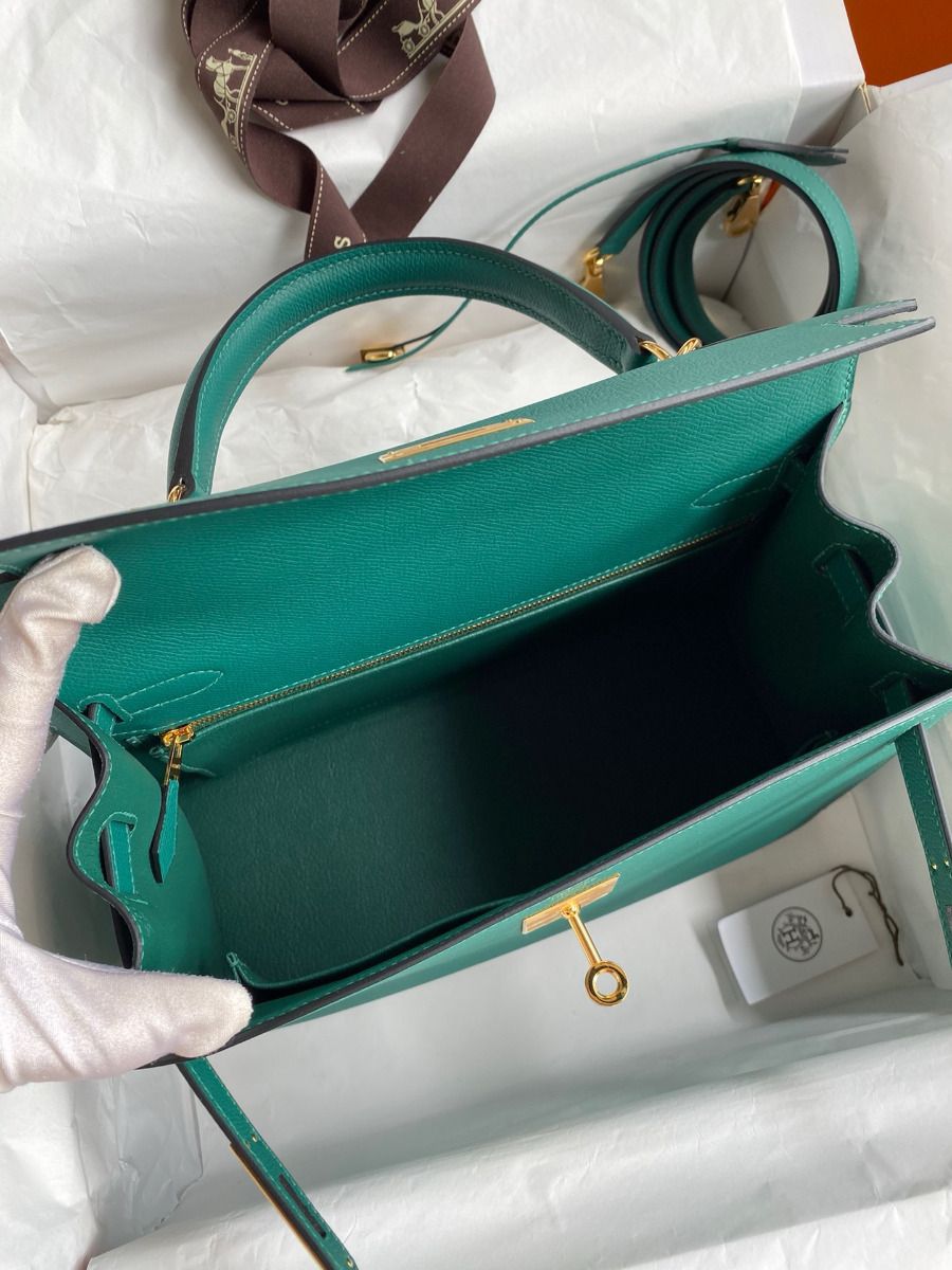 Hermes Kelly Sellier 32 Handmade Bag in Malachite Epsom Calfskin - Image 9