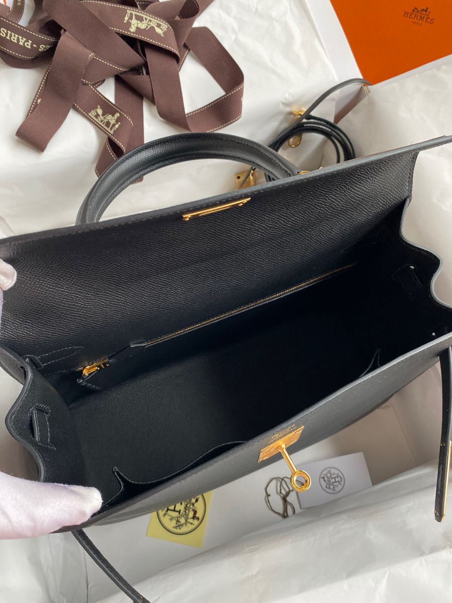 Hermes Kelly Sellier 32 Handmade Bag In Black Epsom Calfskin - Image 9