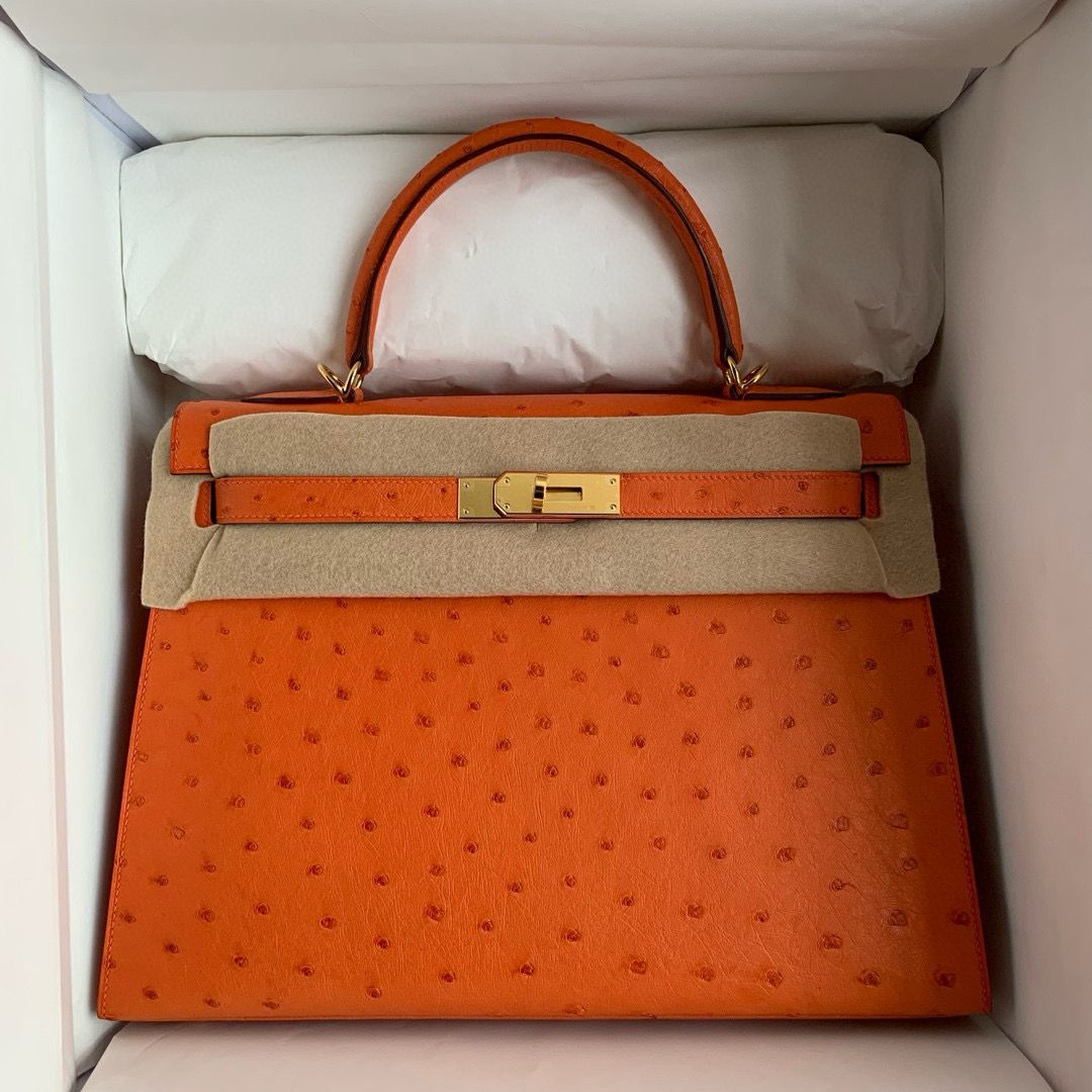 Hermes Kelly Sellier 32 Handmade Bag in Orange Ostrich Leather - Image 10