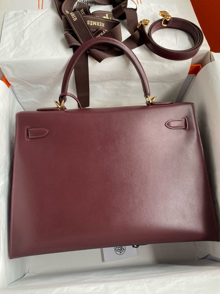 Hermes Kelly Sellier 35 Handmade Bag In Bordeaux Box Calfskin - Image 3